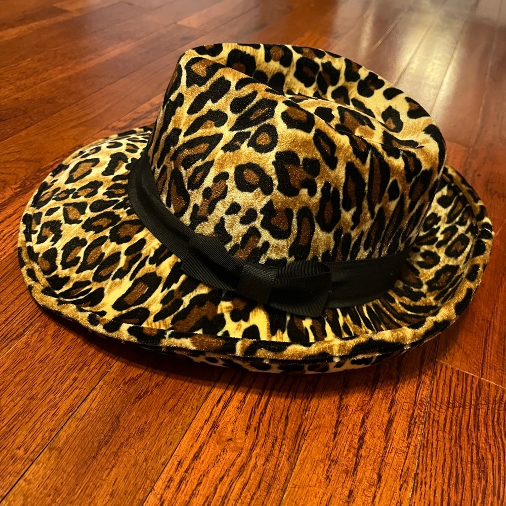 Women or Mens Leopard Print Fedora Hat Halloween Costume - black bow on the side